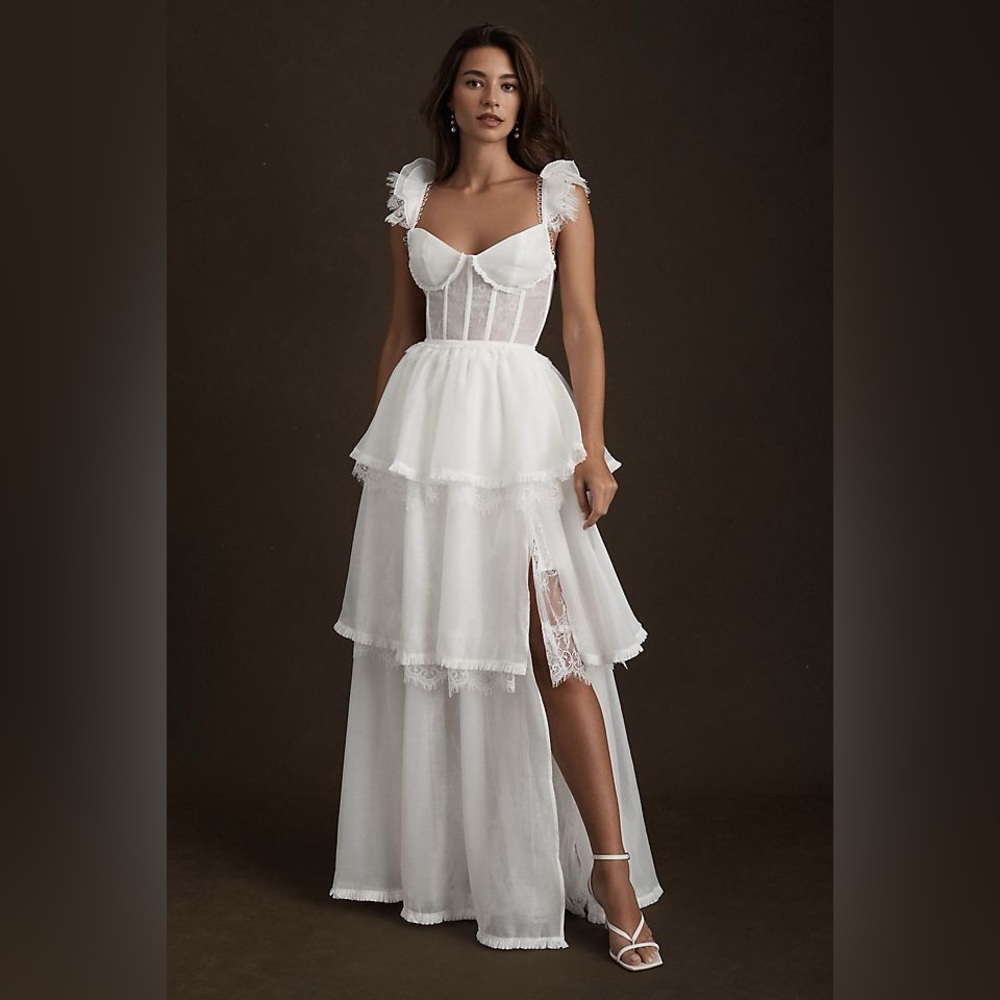 V. CHAPMAN JOLIE ORGANZA LACE CORSET RUFFLED TIERED GOWN - WHITE